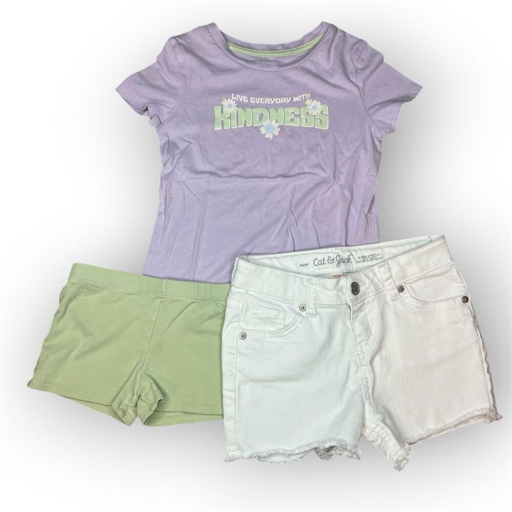 Cat & Jack White Shorts, 365 Kids T-Shirt, Rabit + Bear Mint Shorts Girls 5-6